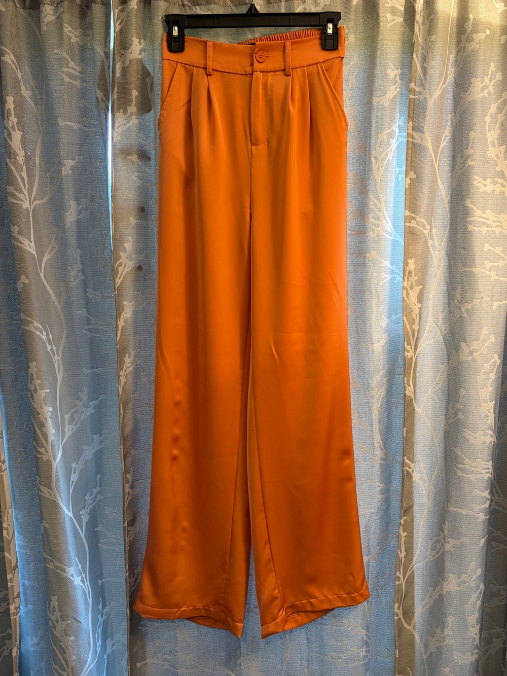 High-Rise Wide-Leg Satin Pants in Tangerine Orange